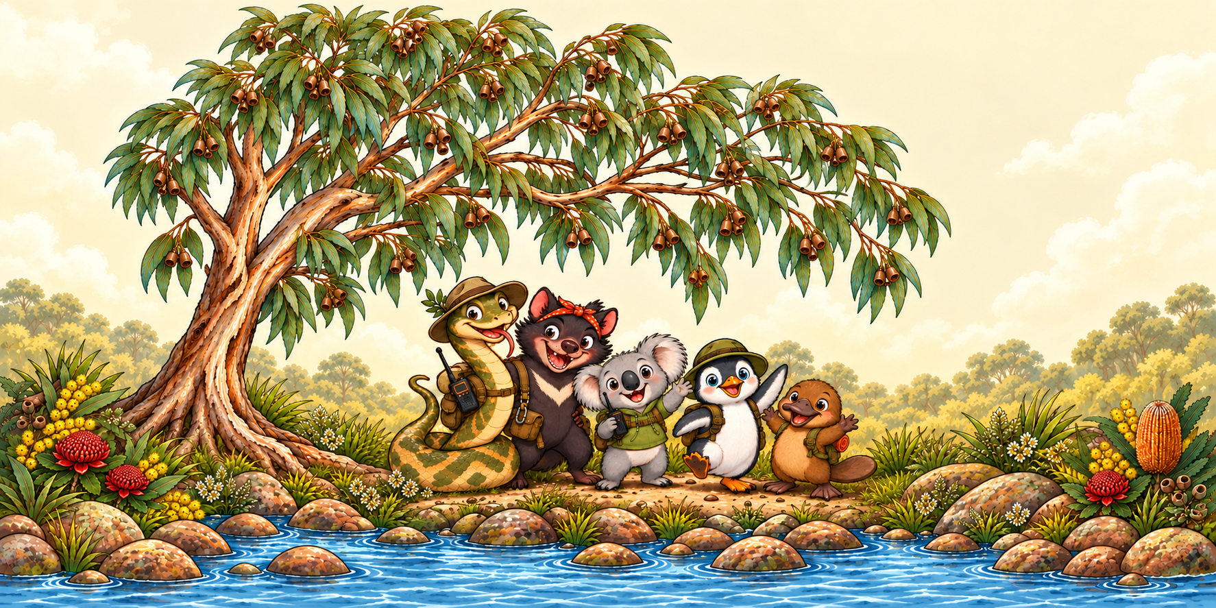 Cartoon family characters—a snake, Tasmanian devil, koala, penguin and baby platypus—standing together beside a Tasmanian creek beneath a full eucalyptus tree